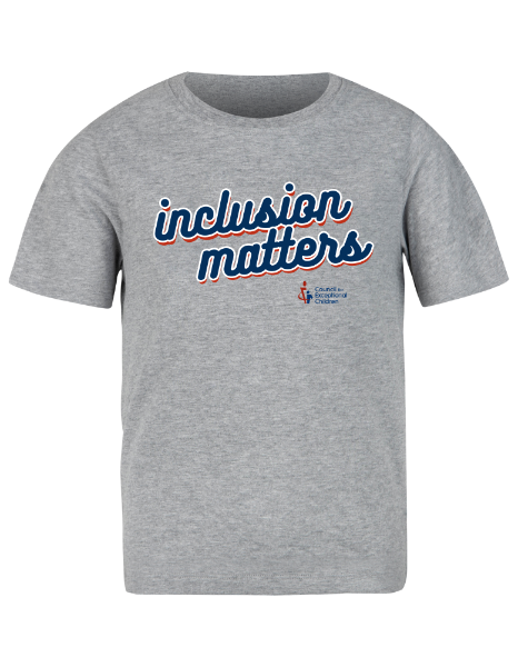 grey tshirt with blue text that reads "inclusion matters" across the front